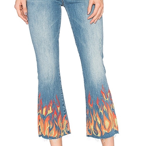 MOTHER Denim - MOTHER Light Blue Flare Jeans with Red & Orange Flame Embroidery liar liar